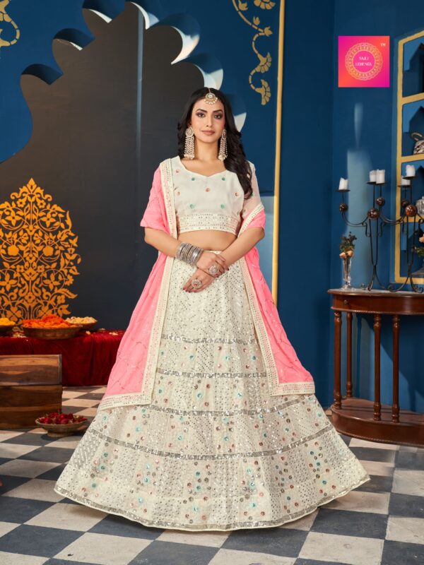 Georgette White and Pink Embroidery sequence thread work Lehenga Choli S3