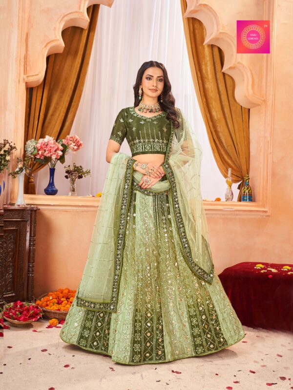 Mehndi Chinon Padding Embroidery work Lehenga Choli S6