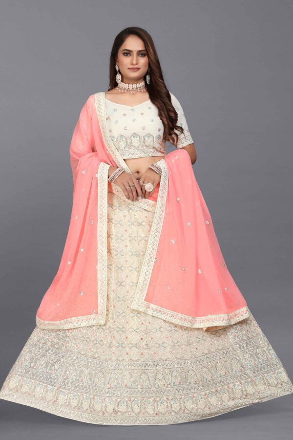 White Georgette Thread work Lehenga with Pink Dupatta S17