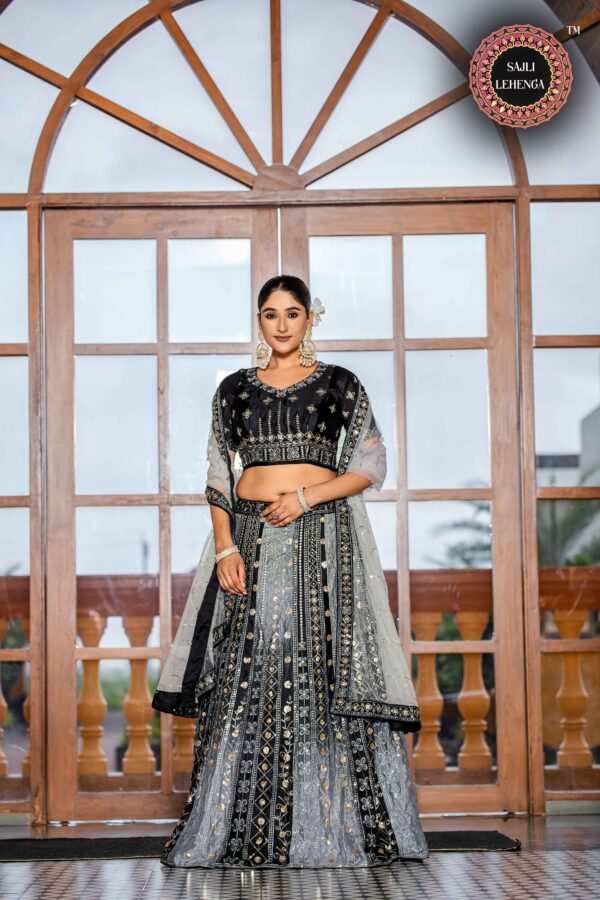 Black and Grey Chinon Padding Lehenga Choli with Net Dupatta Set S34