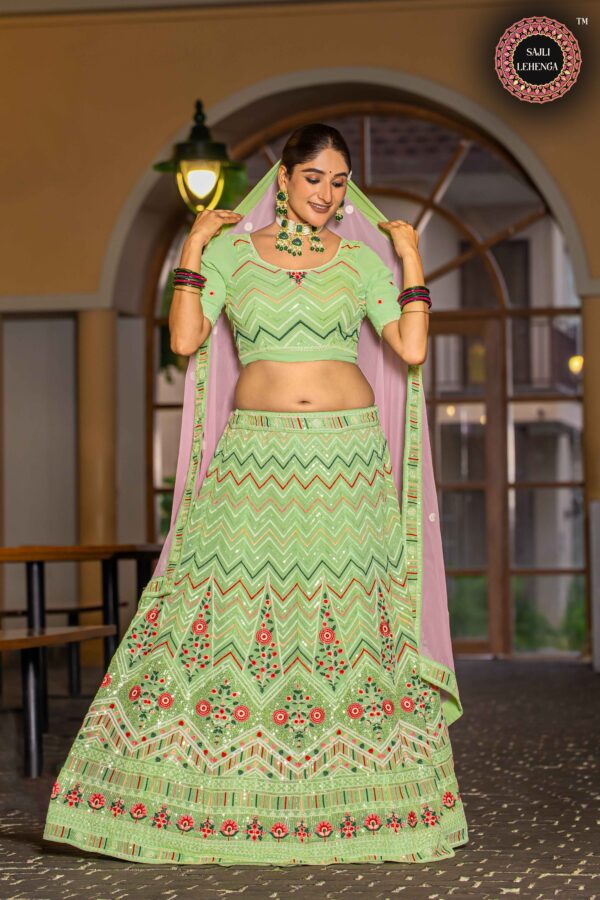 Pista Georgette Lehenga Choli With Pink Georgette Dupatta Set S36