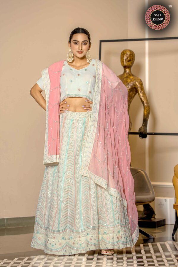 White Georgette Lehenga Choli With Pink Georgette Dupatta Set S38