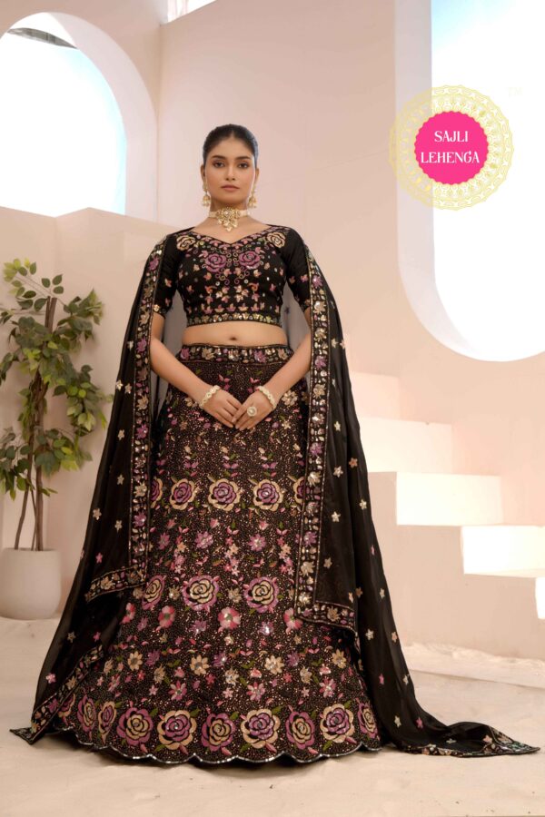 Black Slim-Georgette Lehenga Choli with Slim-Georgette Dupatta Set S50