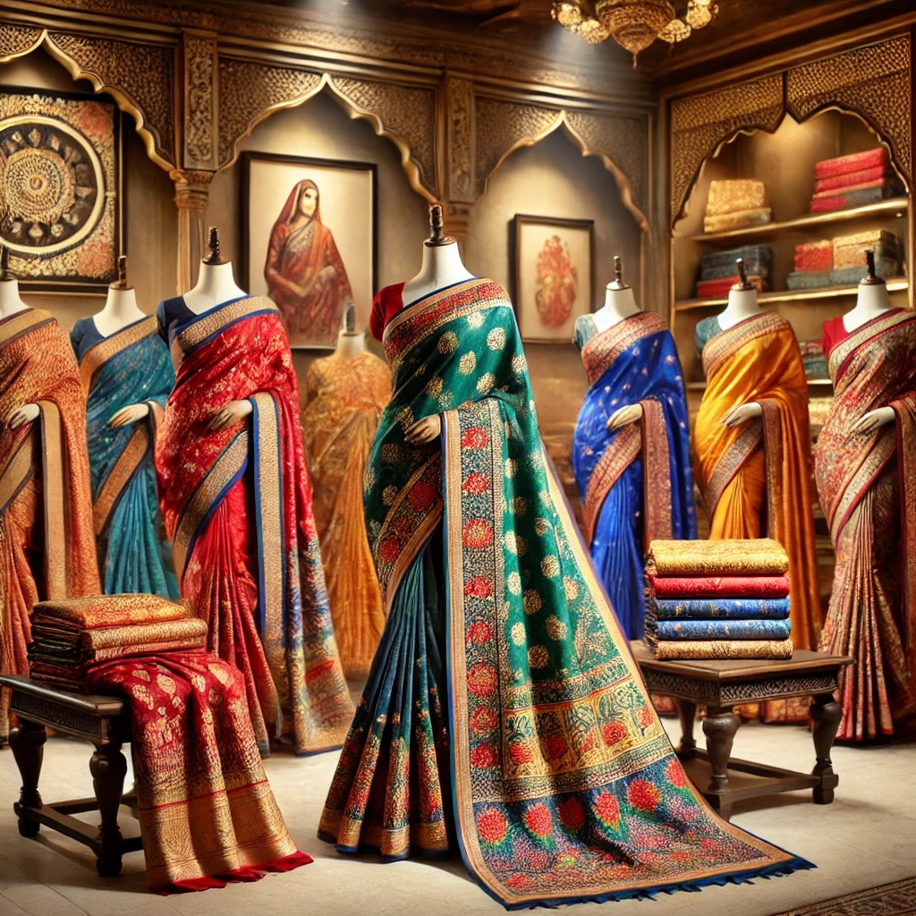 Four Indian women in traditional ethnic wear — navy blue Anarkali, coral salwar kameez, sage green suit, and off-white lehenga — from Ethnichive.