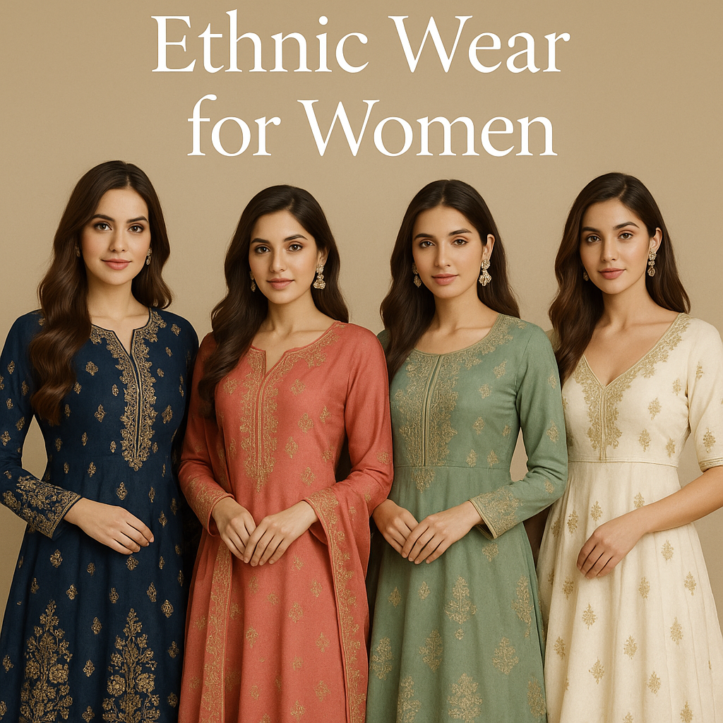 Four Indian women in premium ethnic outfits – navy Anarkali, coral salwar suit, sage green dress, and off-white lehenga – Ethnichive collection